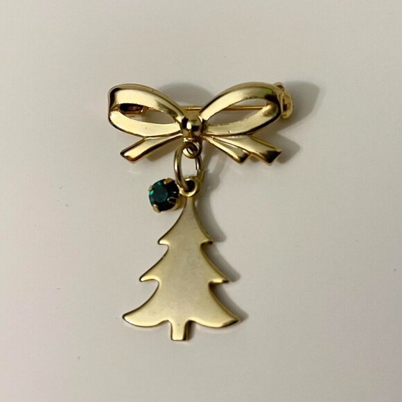 Vintage Christmas Pin Brooch Bow Tree Green Rhinestone Dangle - Picture 2 of 12